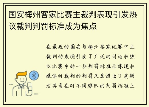 国安梅州客家比赛主裁判表现引发热议裁判判罚标准成为焦点
